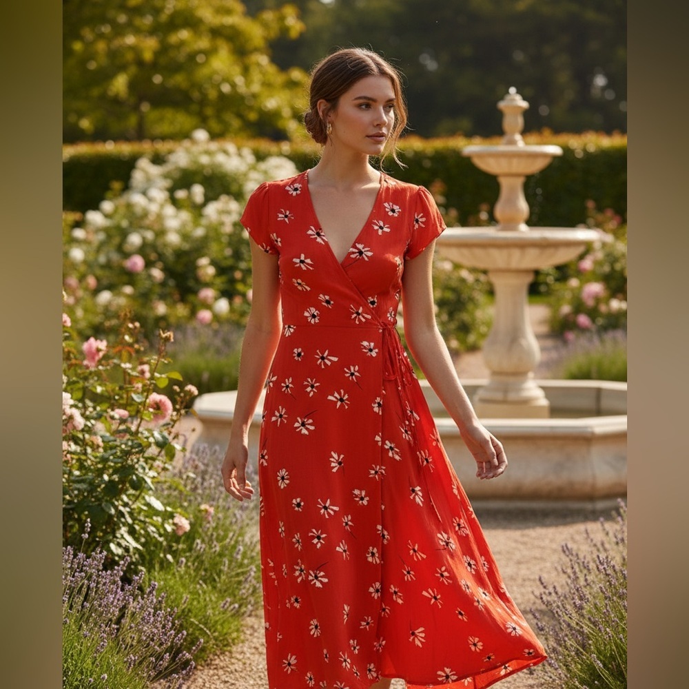 Faithfull the Brand Red Floral Midi Wrap Dress